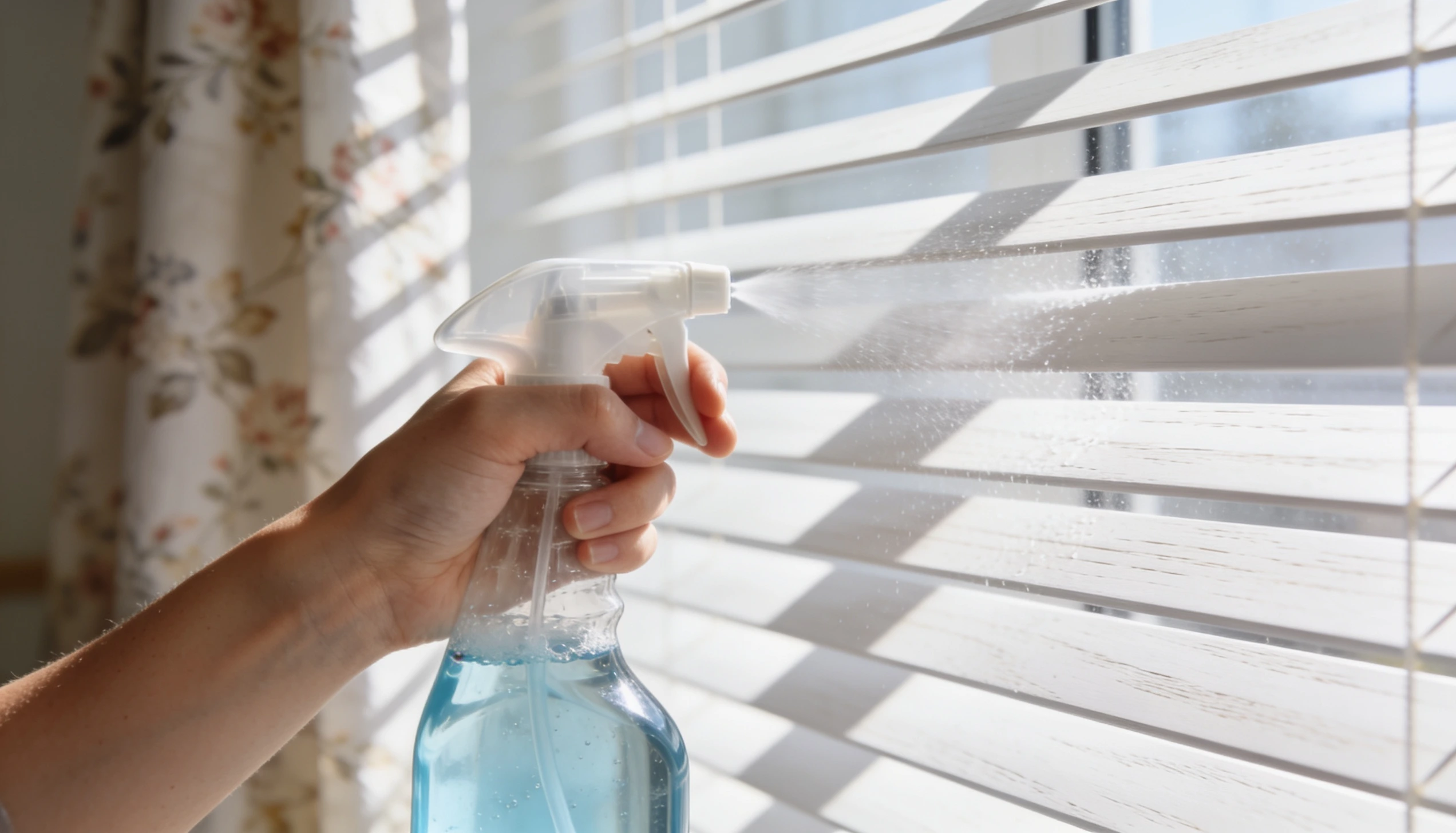 A person spraying cleaning solution onto white horizontal window blinds during routine household cleaning