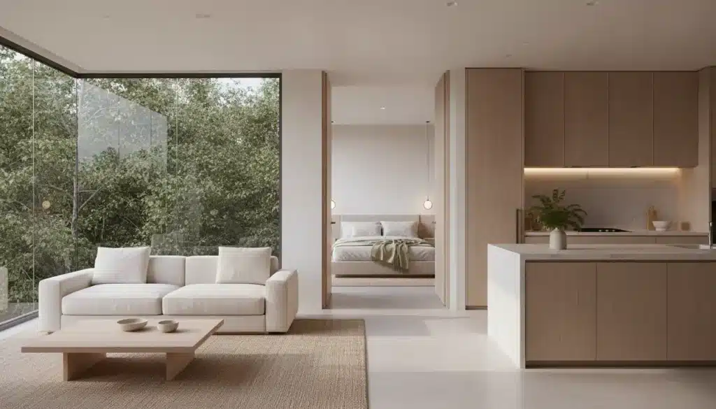 Modern open-plan living room with beige sofa, wooden coffee table, and kitchen in natural daylight