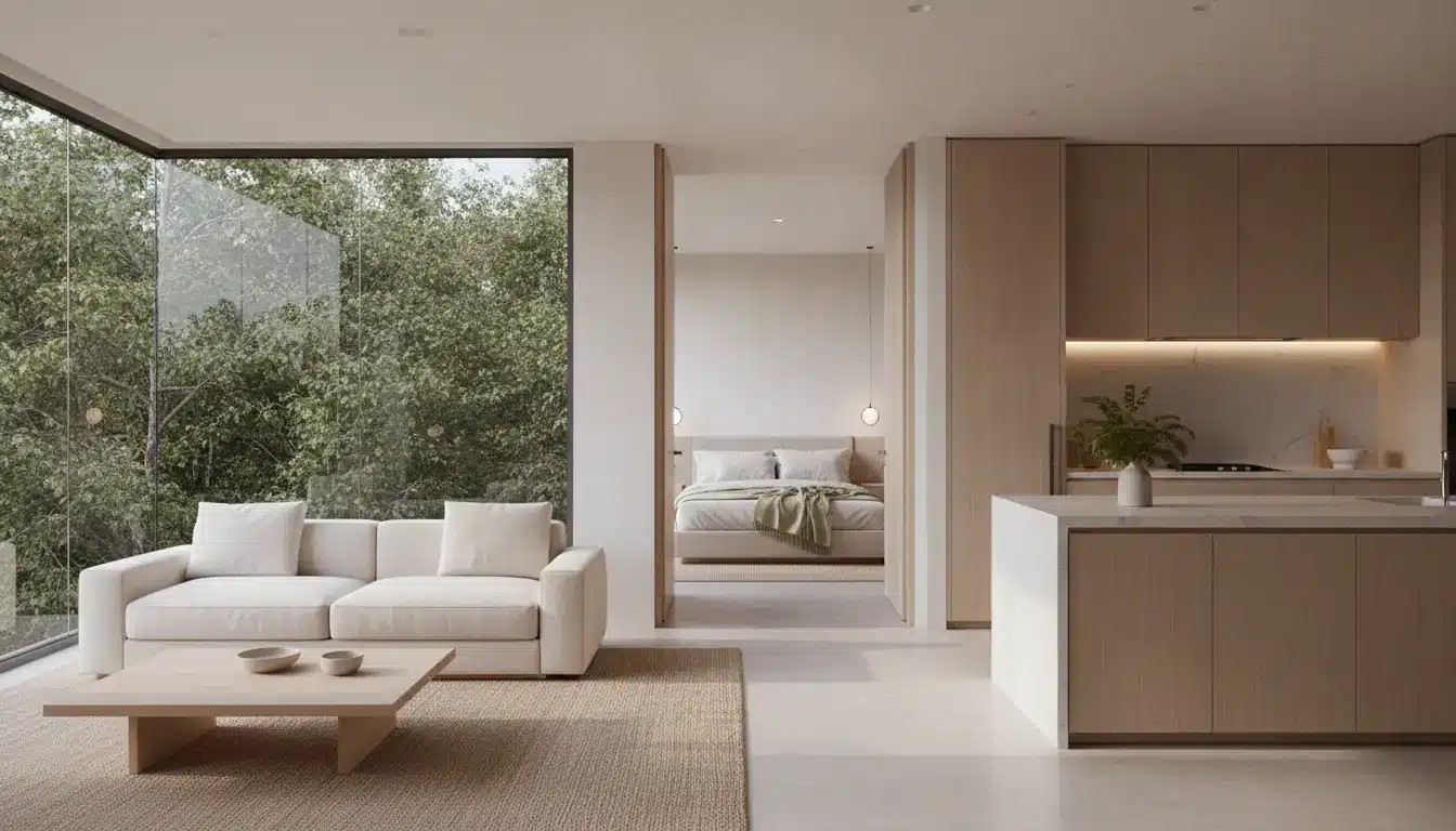 Modern open-plan living room with beige sofa, wooden coffee table, and kitchen in natural daylight