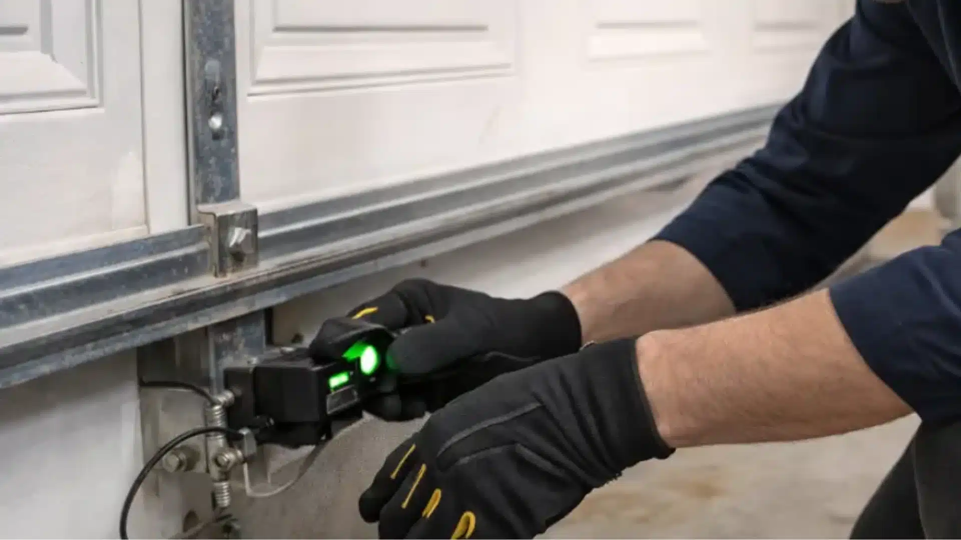 Person adjusting a garage door safety sensor with glowing green indicator light to restore proper alignment and operation