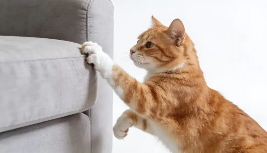 orange tabby cat scratching the arm of a fabric sofa with its front paws indoors