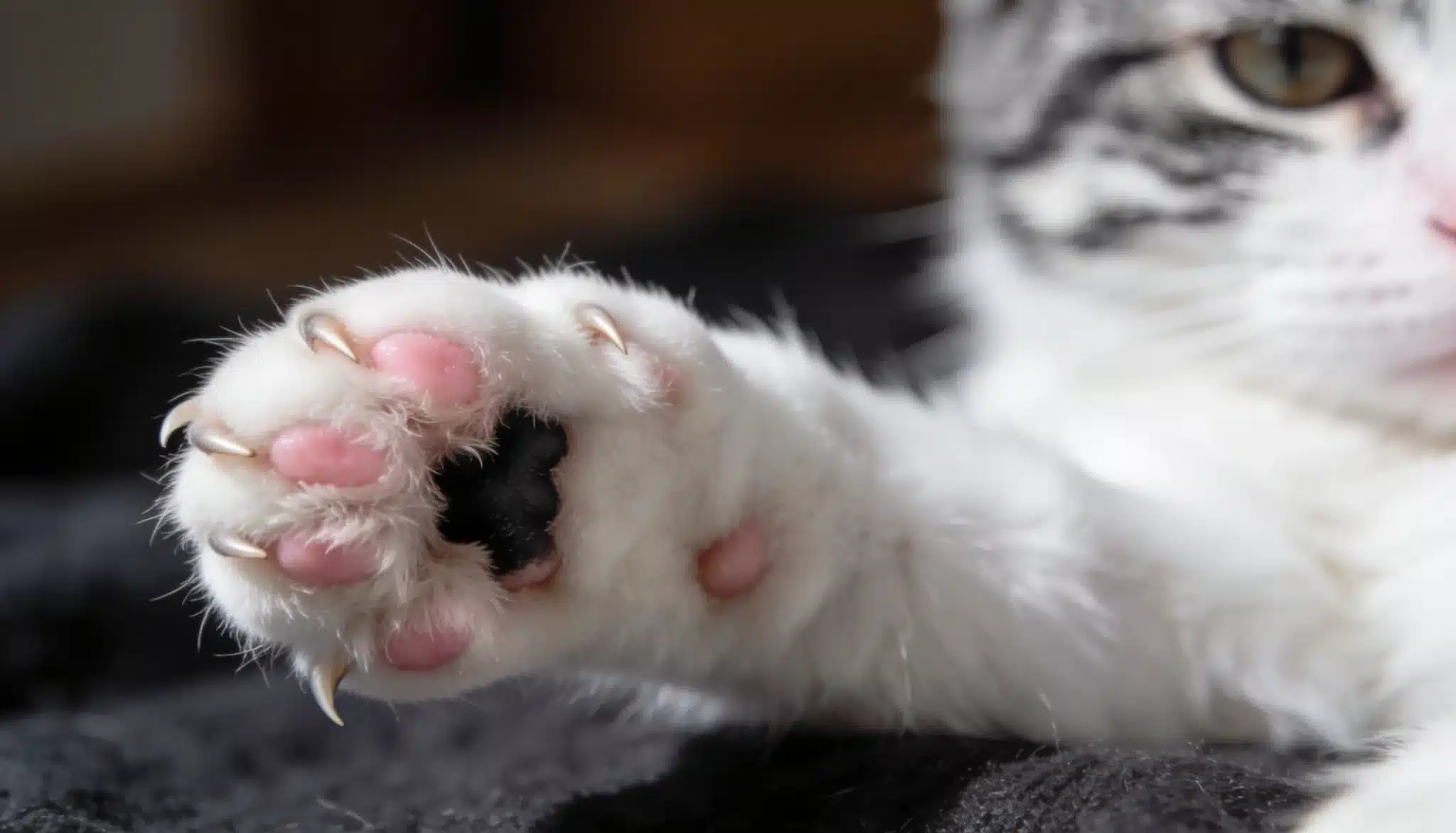 Close up of a cat paw showing extended claws and soft paw pads during scratching behavior