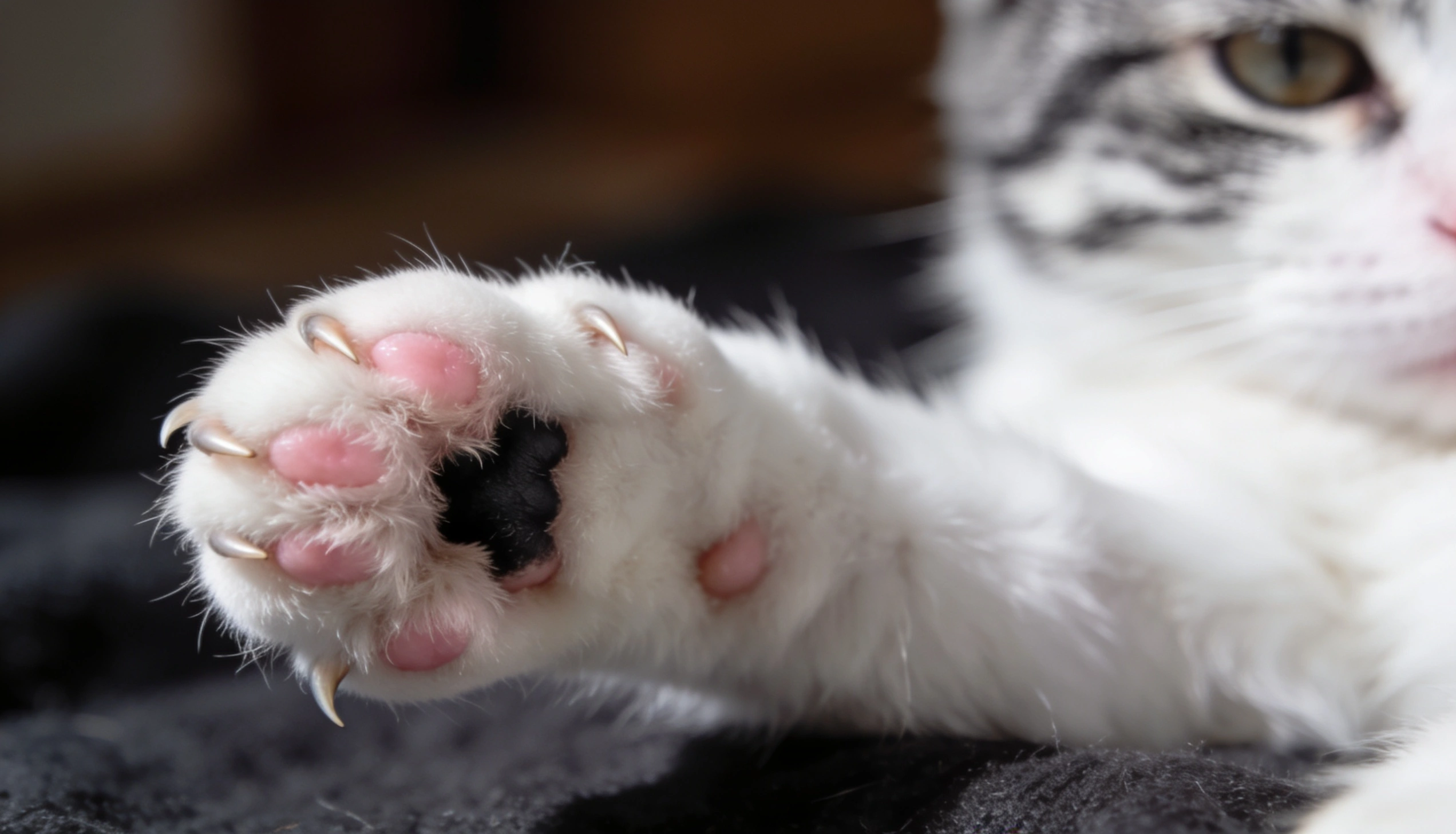 Close up of a cat paw showing extended claws and soft paw pads during scratching behavior