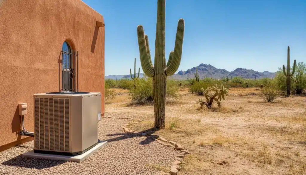 Air conditioning unit beside terracotta house in arid desert landscape with cacti and mountains