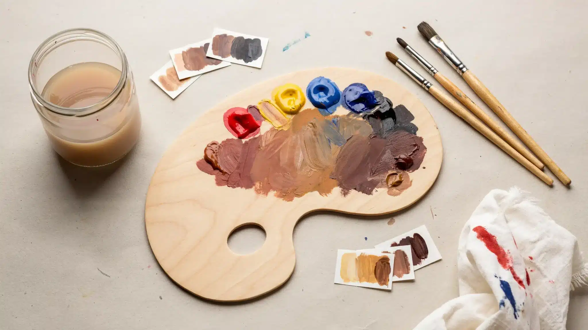 A paint palette with various colors, brushes, and a glass of milk on a wooden surface.