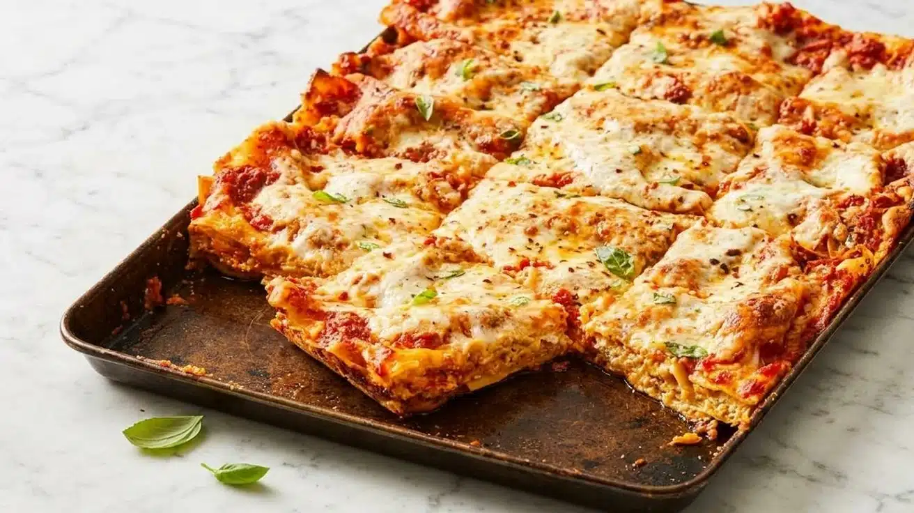 A square casserole dish filled with sheet pan lasagna, topped with melted cheese and fresh basil leaves.