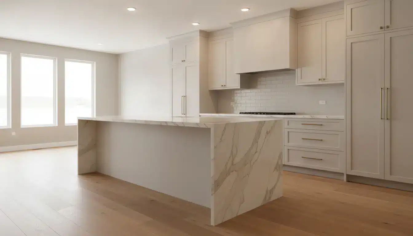 Modern kitchen with marble island, white cabinets, and brick backsplash under bright lighting