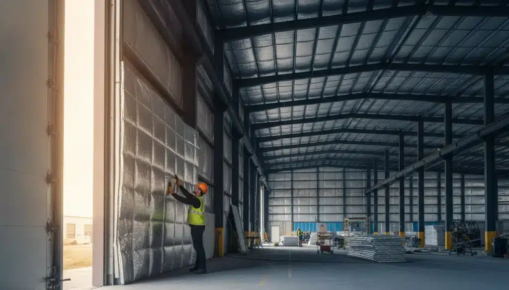 Worker installing insulation inside large industrial warehouse with metal beams and bright lighting