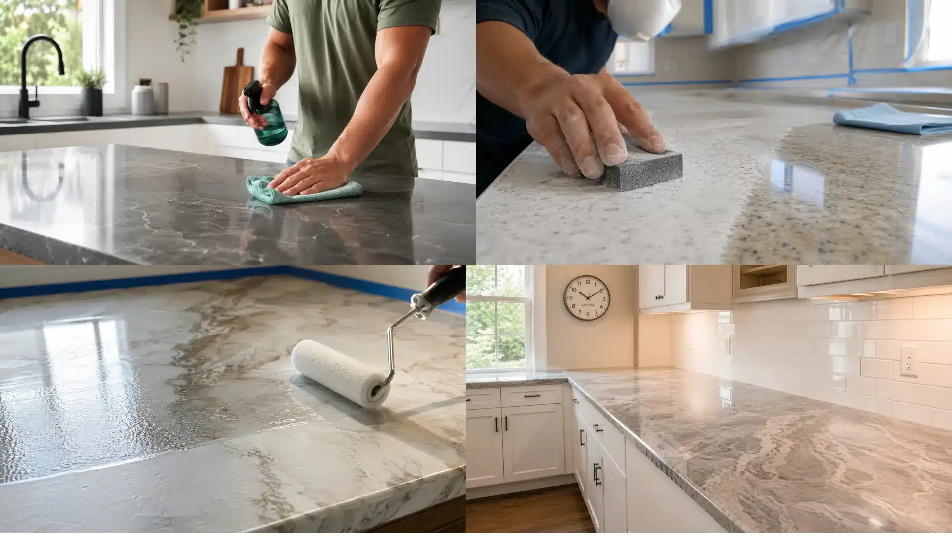 Four step collage showing a kitchen countertop being cleaned, sanded, coated, and finished with a gray stone effect.