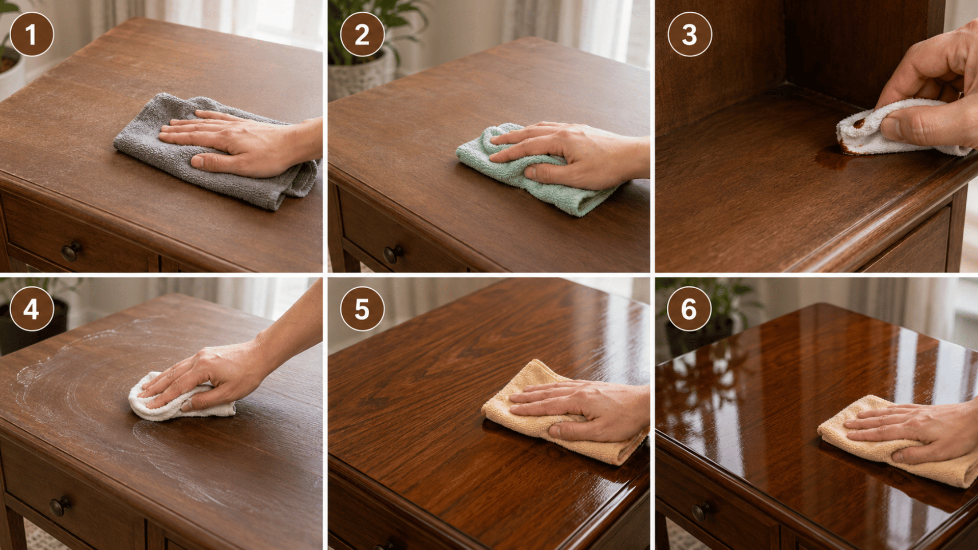 collage of steps to polish wood furniture, showing shine build gradually from dusting to a final glossy buff