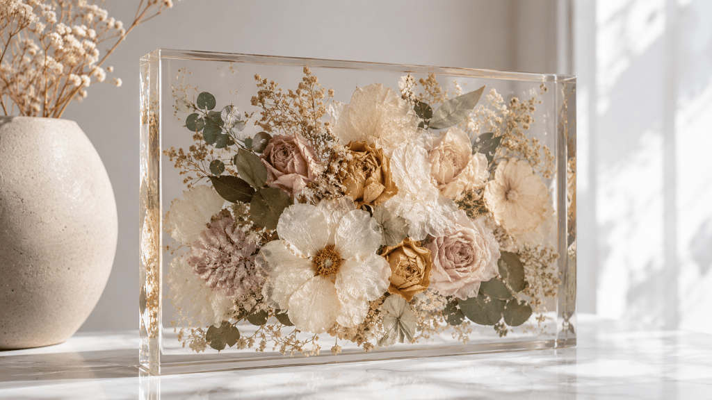 Wedding bouquet preserved in a clear resin block with dried flowers and greenery on a marble surface.