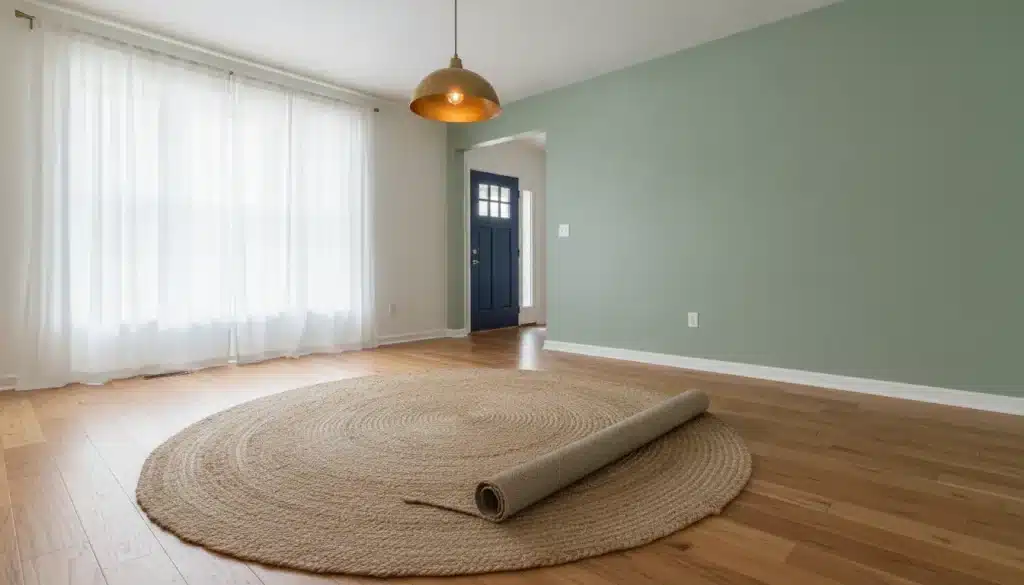 Rolled-up rug on wooden floor in bright room with green accent wall and large window curtain