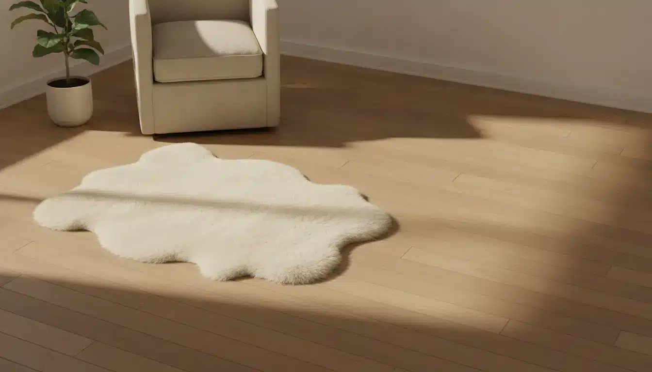 Cream-colored sofa and armchair with textured throw in sunny, minimalist living room with rug