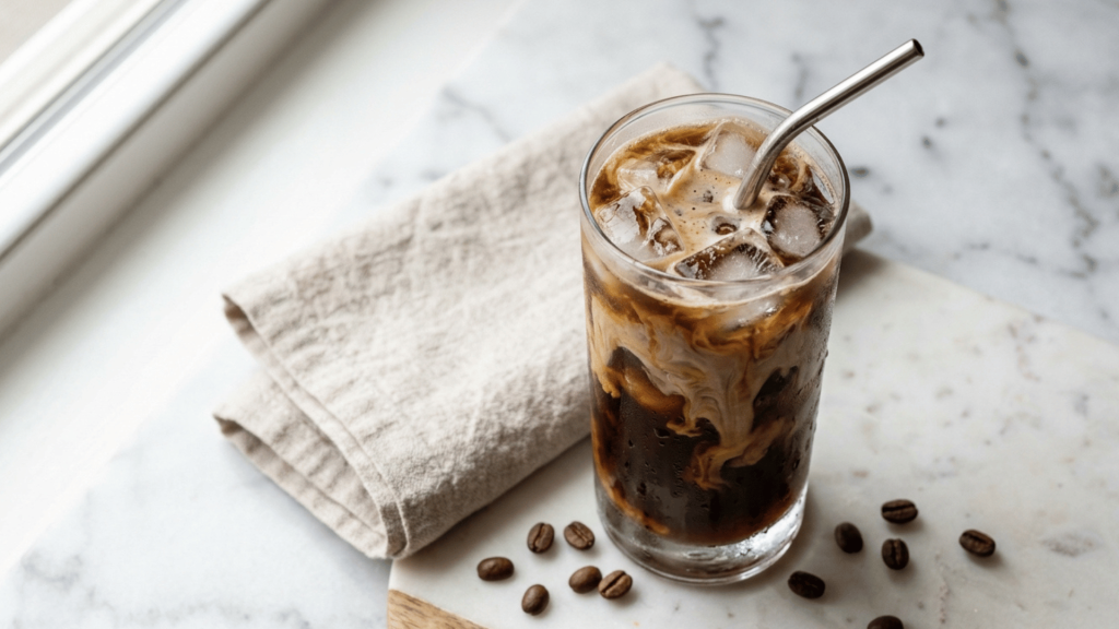 iced coffee with cream swirl and coffee beans styled on a marble surface