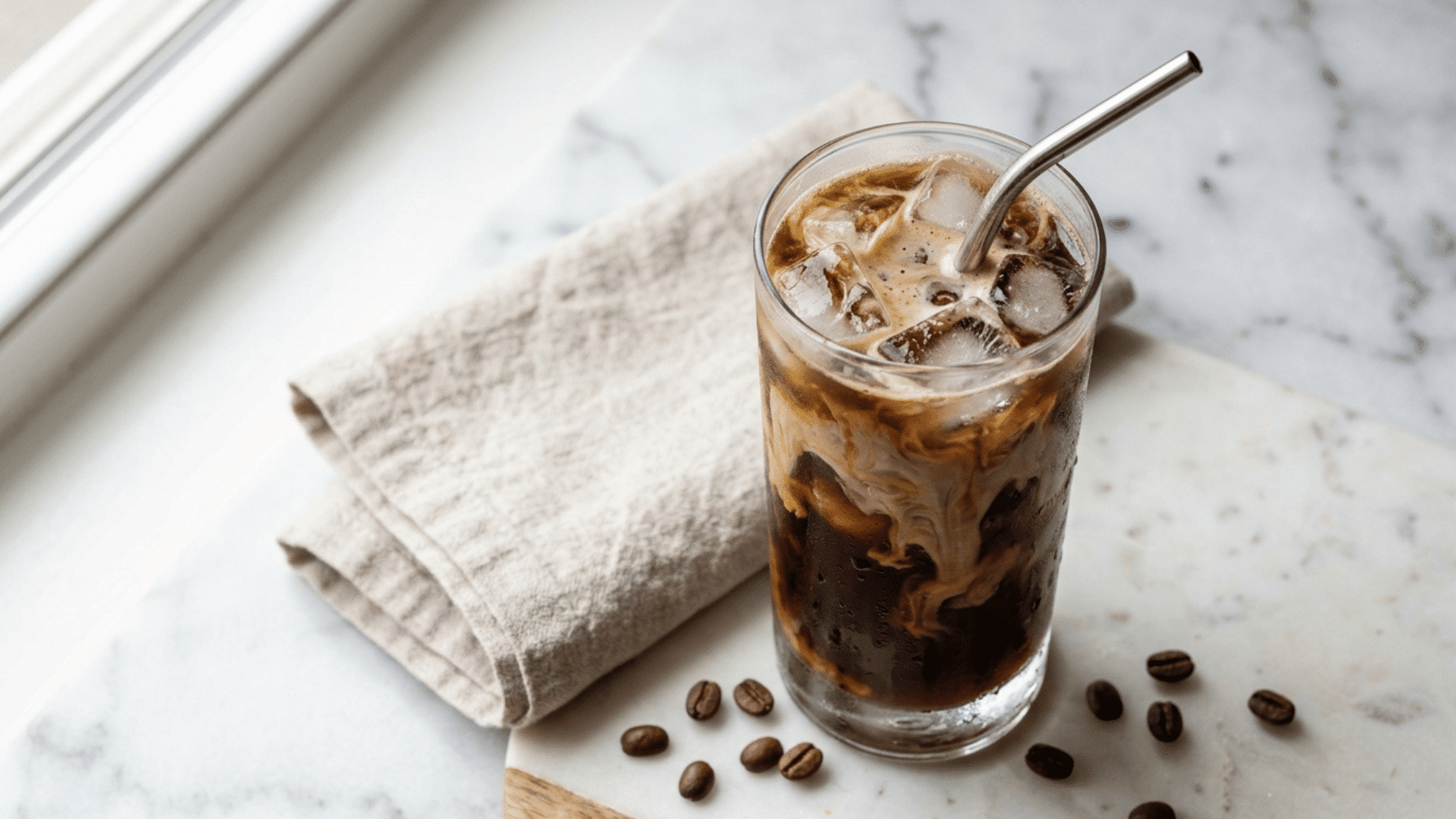 iced coffee with cream swirl and coffee beans styled on a marble surface