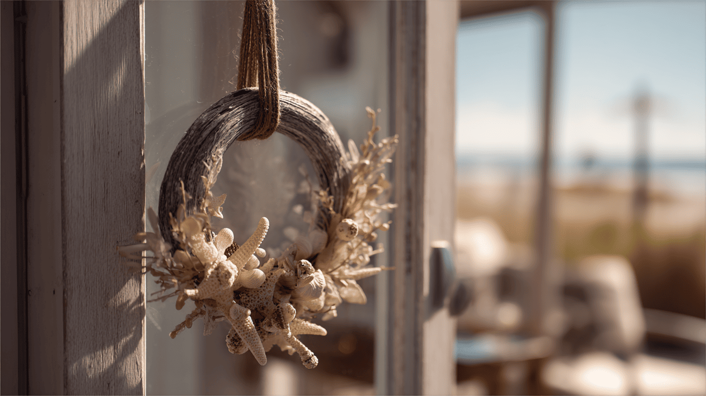 small coastal wreath made of starfish and seashells suspended by twine on a rustic glass door