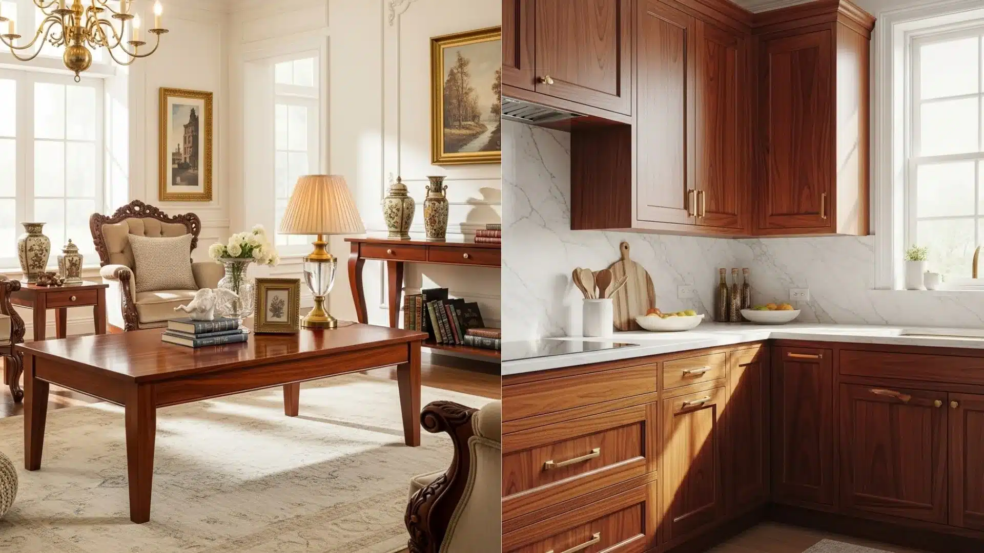 A split image shows a traditional living room with a mahogany coffee table and a modern kitchen with wooden cabinets.