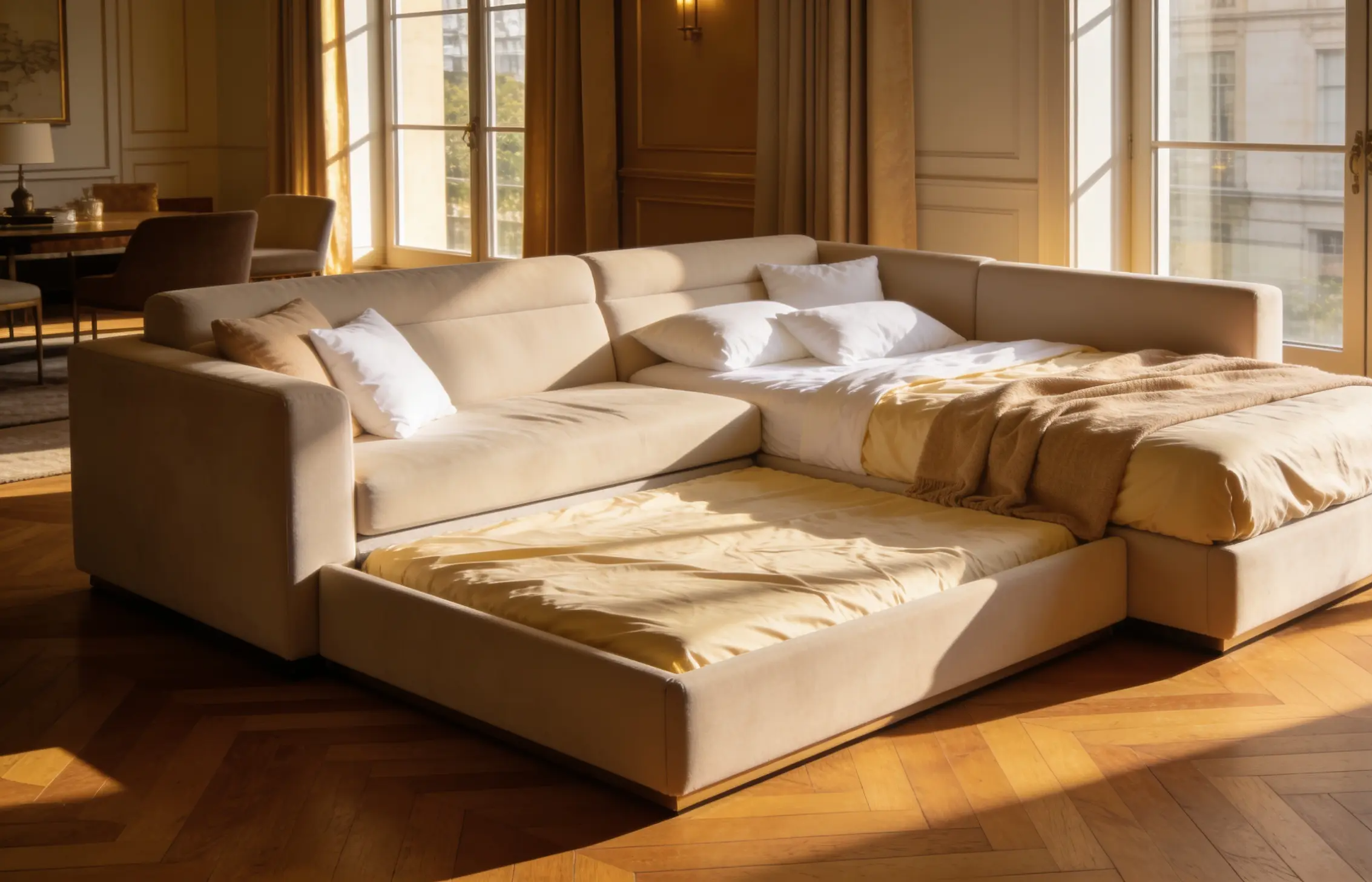 A luxury sectional sleeper sofa converted into a spacious guest bed with a hidden mattress in an elegant modern living room