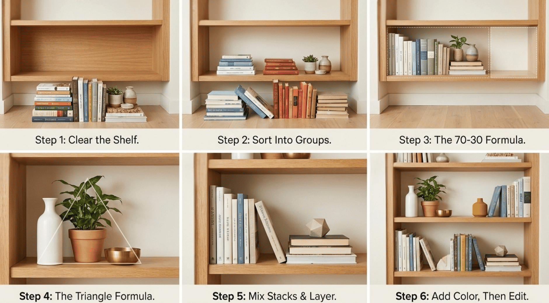 how to style a bookshelf without clutter in 6 steps with the 70 30 and triangle formulas