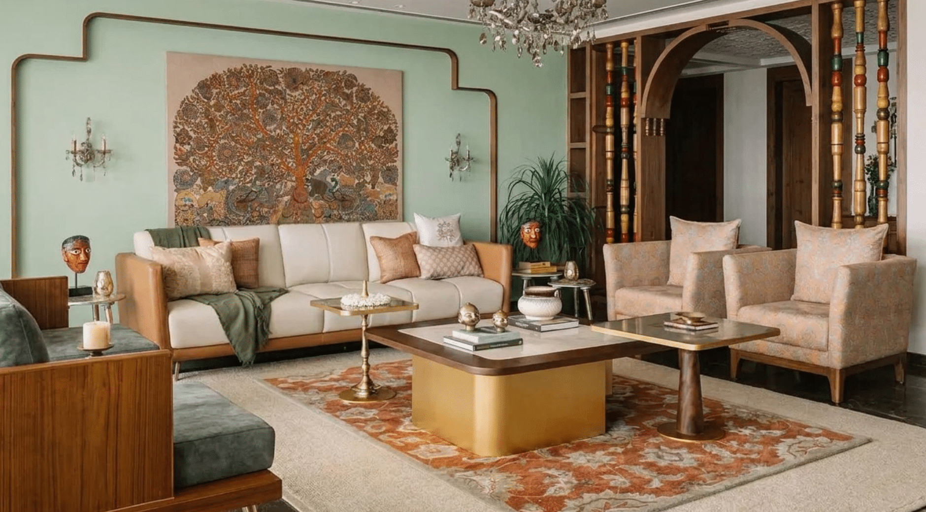 modern traditional living room with neutral seating, carved wood partition, patterned rug, and traditional tree artwork