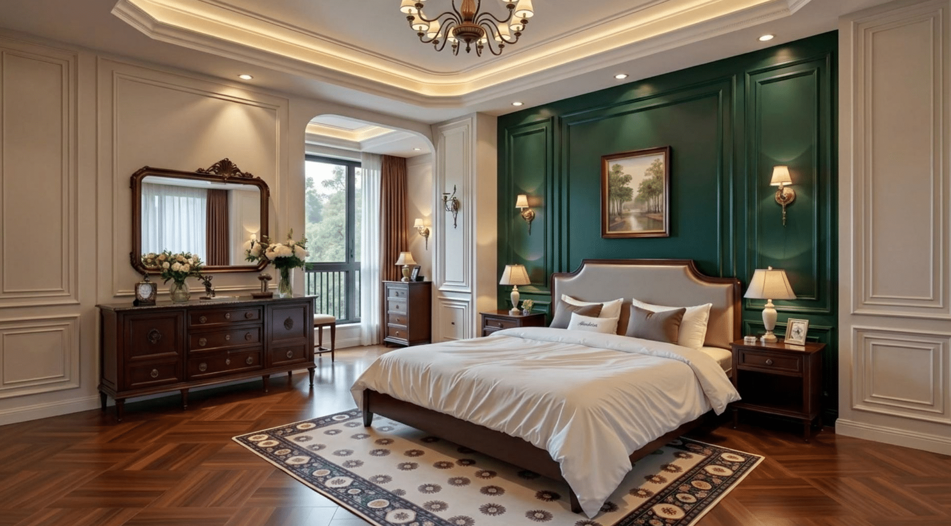 elegant modern traditional bedroom with a green paneled accent wall, classic wood furniture, chandelier, and parquet flooring