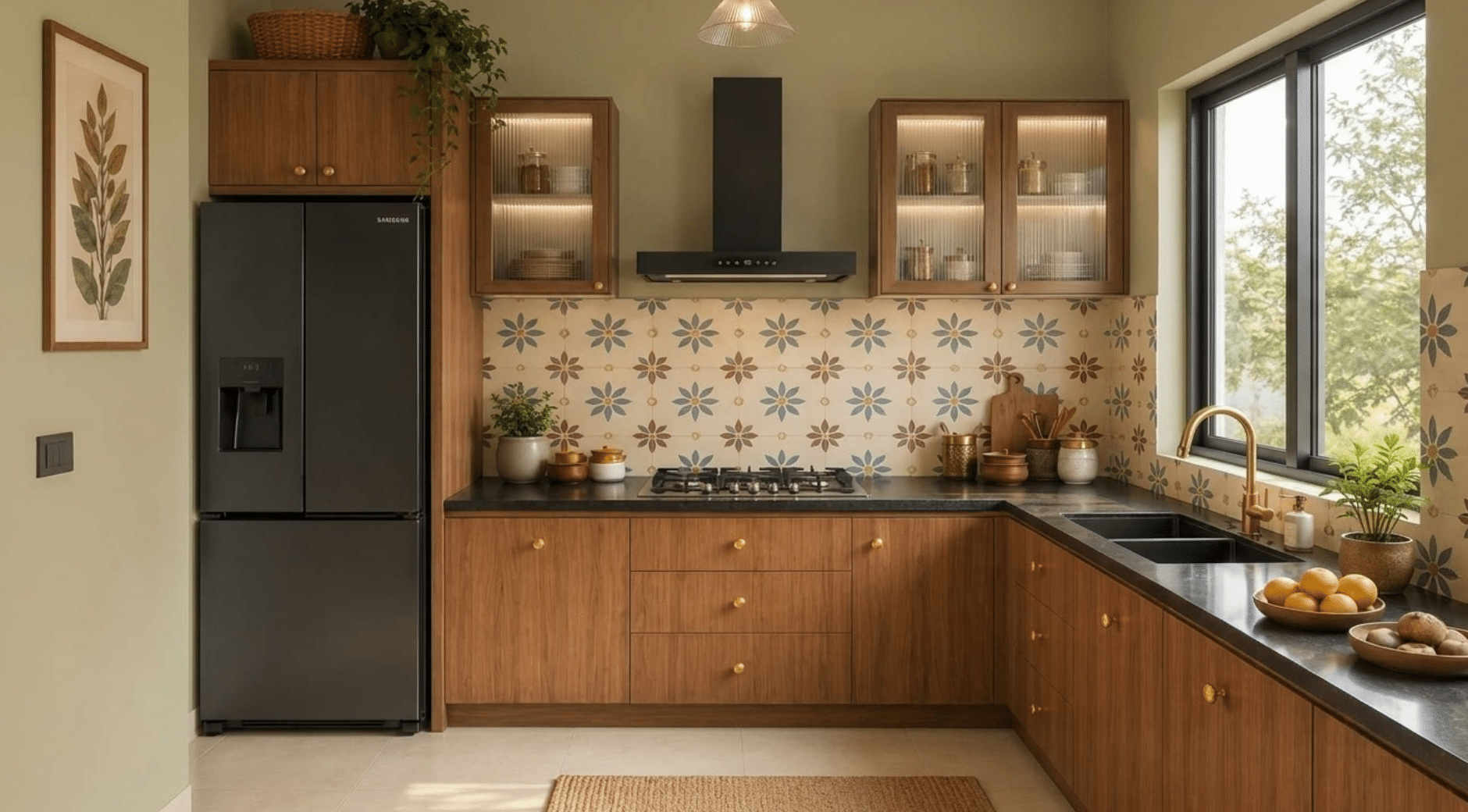 warm modern kitchen with wood cabinets, floral backsplash, black counters, brass fixtures, and a large window