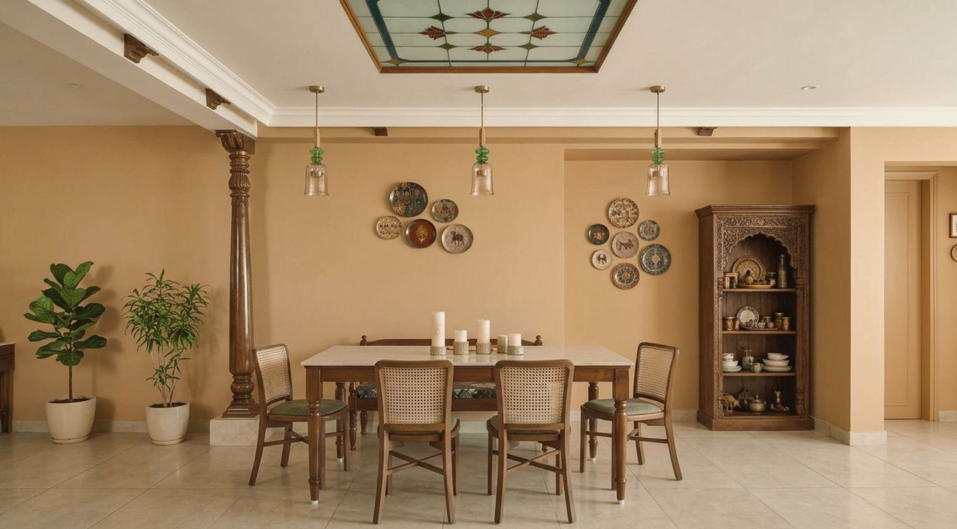 minimal indian dining room with cane chairs, carved wood column, decorative plates, and a traditional display cabinet