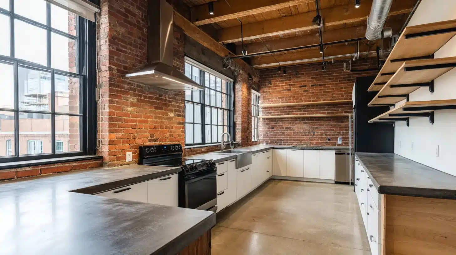 Industrial-style kitchen with white cabinets, dark concrete countertops, exposed brick walls, open wood shelving, and exposed ceiling beams with large factory-style windows.