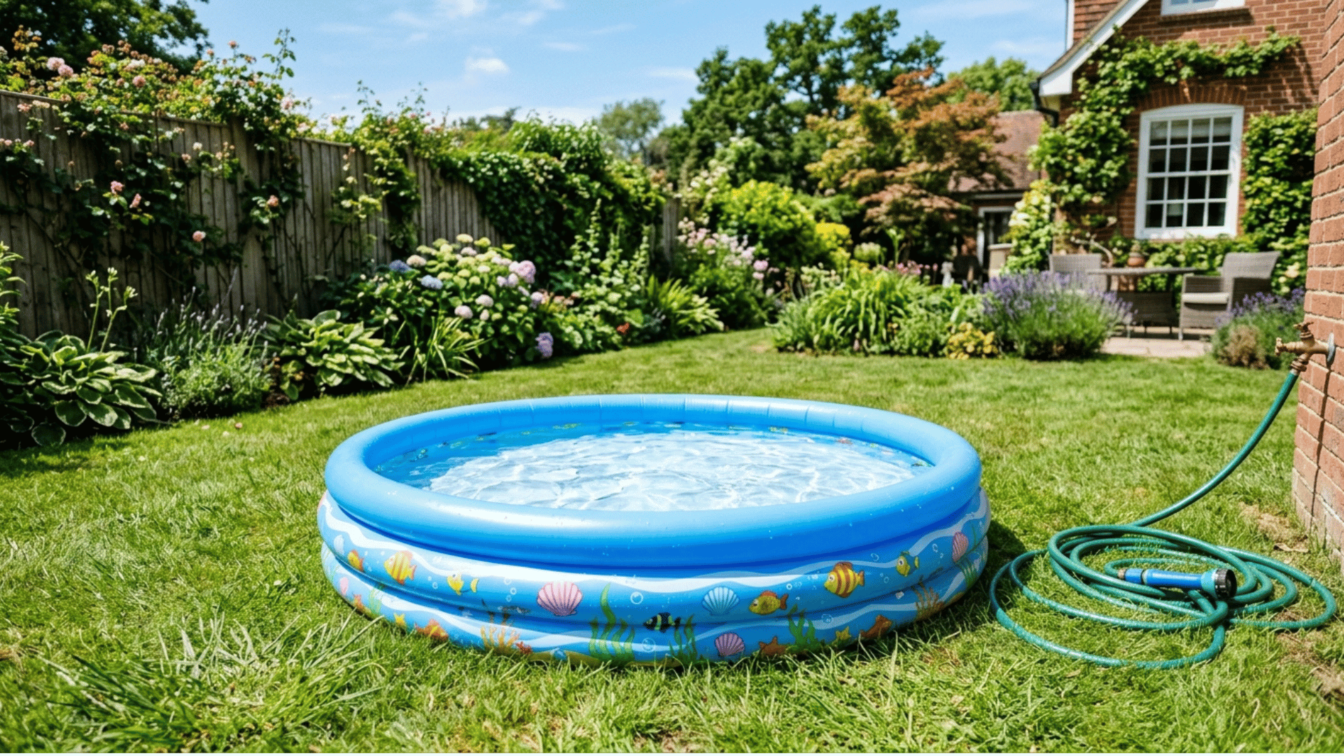 inflatable pool set up on a grass backyard lawn