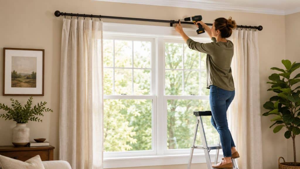 woman using a cordless drill to install a dark curtain rod above a bright window with beige curtains