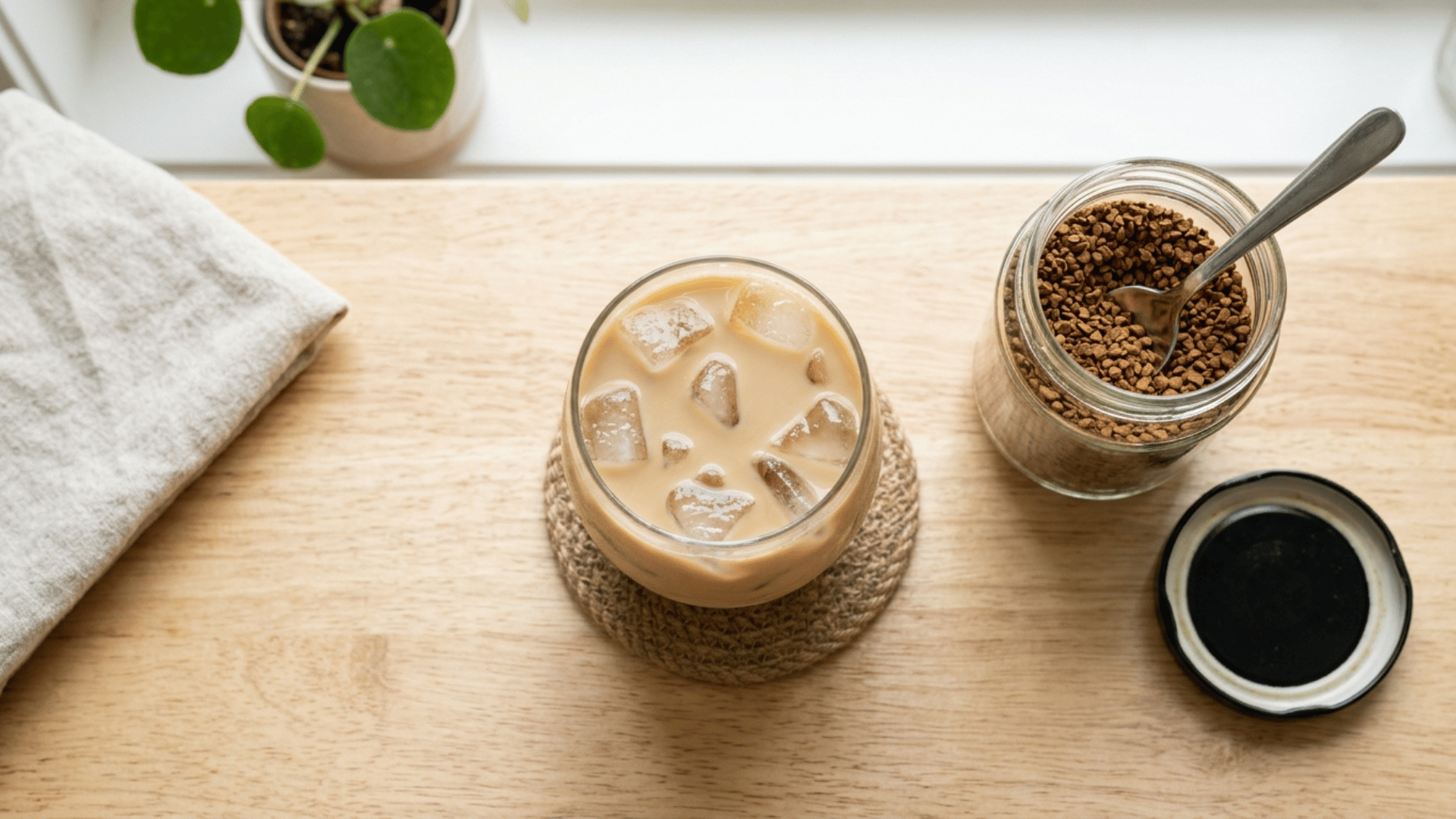 light tan iced coffee with milk beside instant coffee jar