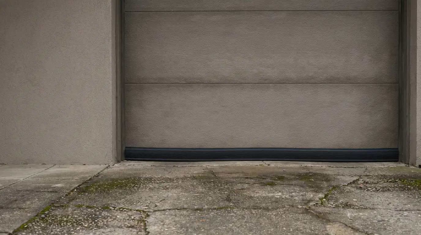 Gray garage door with black rubber seal on textured concrete driveway