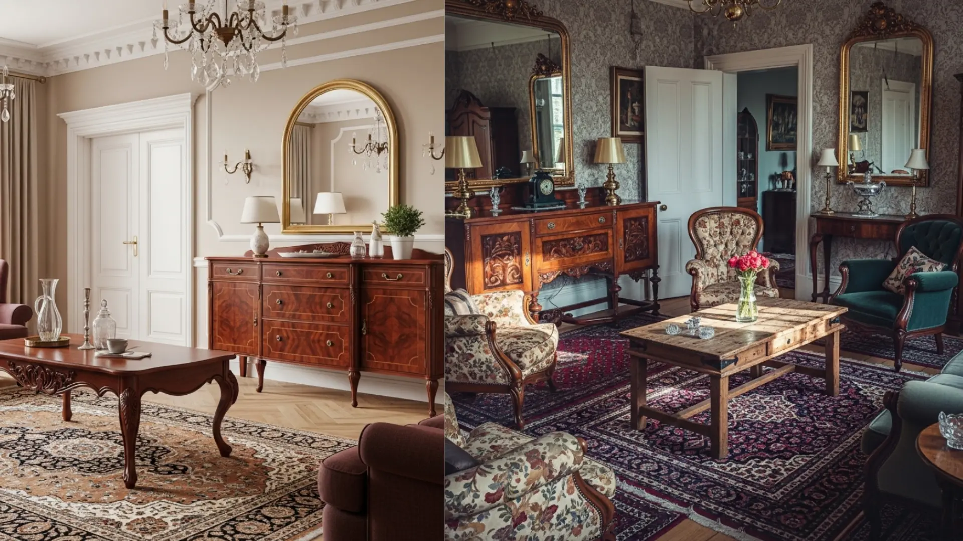 Split image shows two elegant living rooms with antique furniture, ornate mirrors, and patterned rugs.