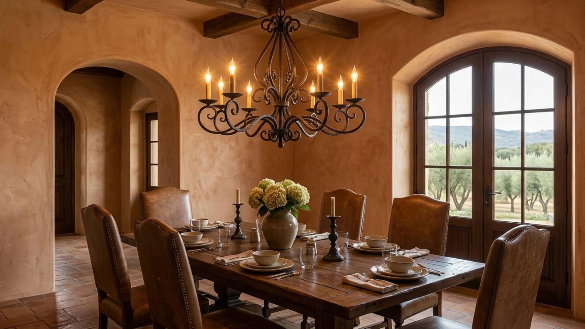 Rustic dining room with a wooden table set for a meal, leather chairs, and arched doorways opening to a view of olive trees.