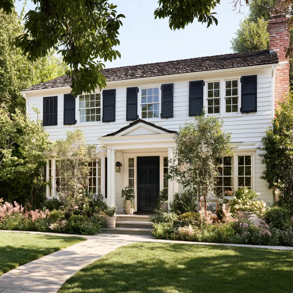 two-story white house with dark charcoal shutters, black front door, lush garden, and a green lawn