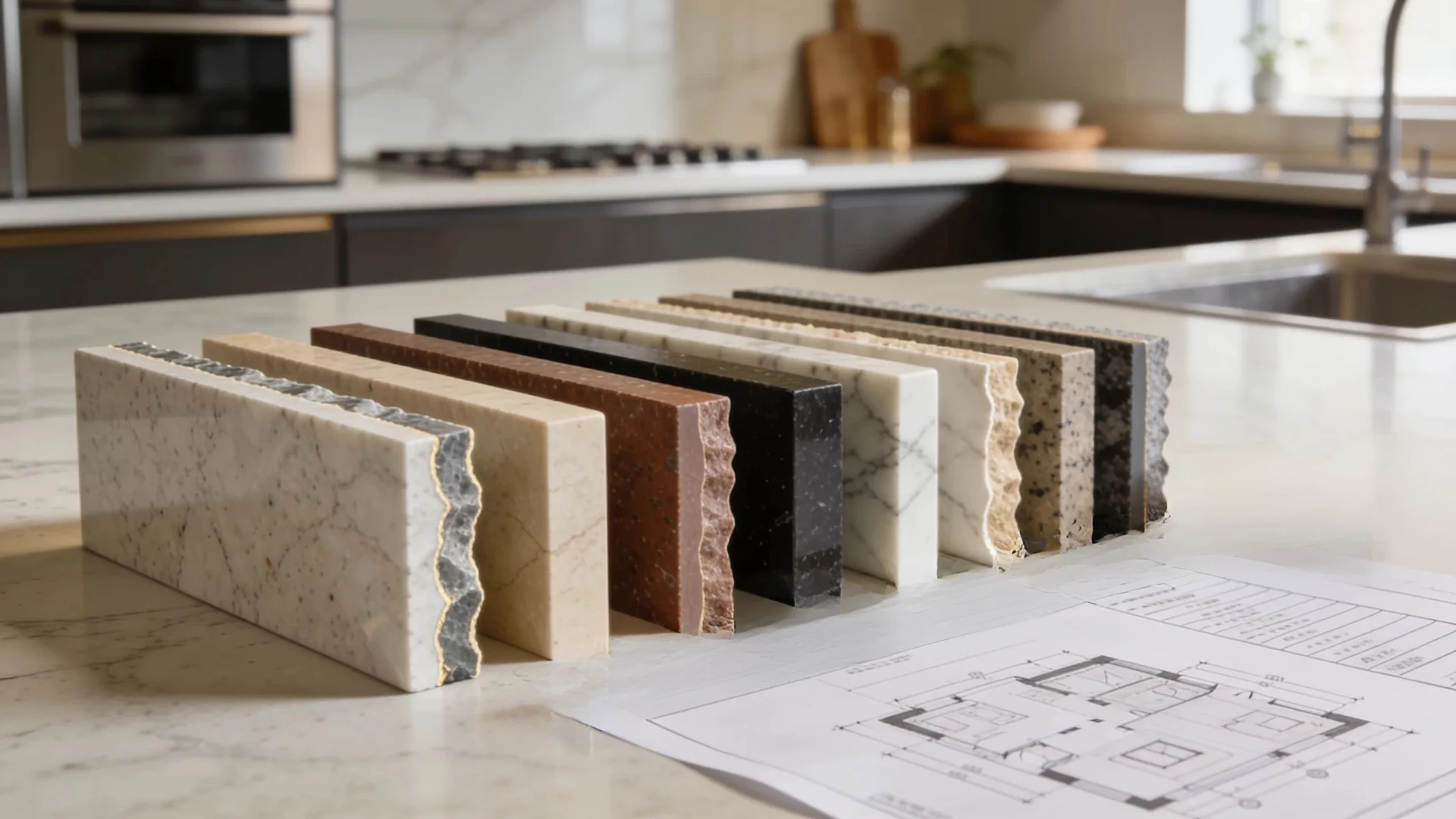 Quartz countertop samples with edge profiles measuring tape and kitchen layout plan for comparing installation quotes and costs