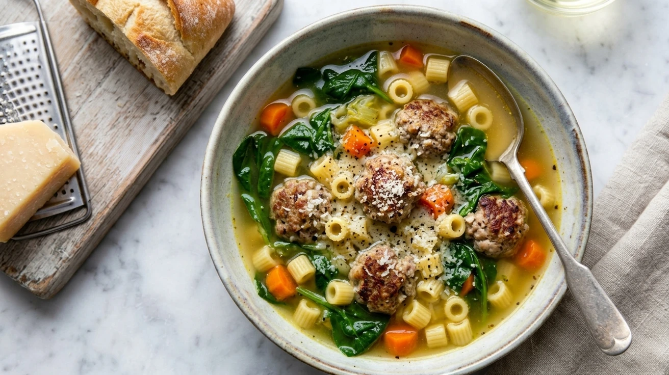 Bowl of Italian wedding soup with meatballs, pasta, spinach, carrots, and grated Parmesan cheese.