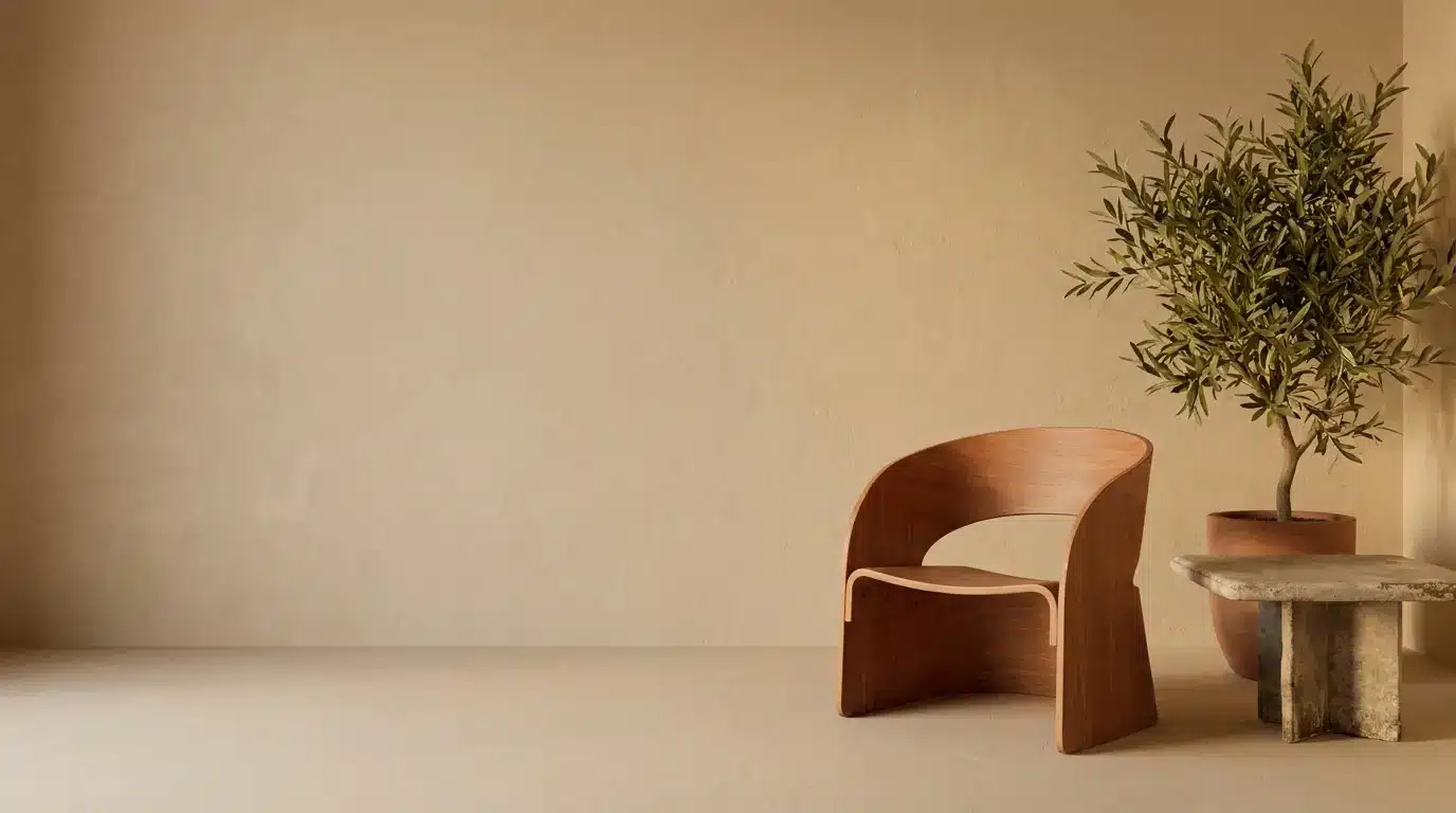 Wooden chair and potted plant beside concrete table in minimalist beige room