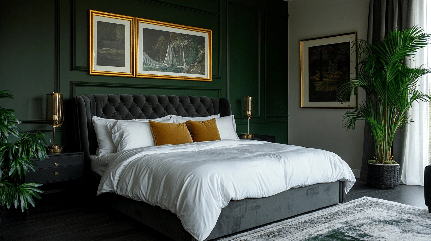 a luxurious bedroom with a tufted grey headboard, white bedding, mustard accent pillows, and dark green walls adorned with framed artwork and a large potted palm