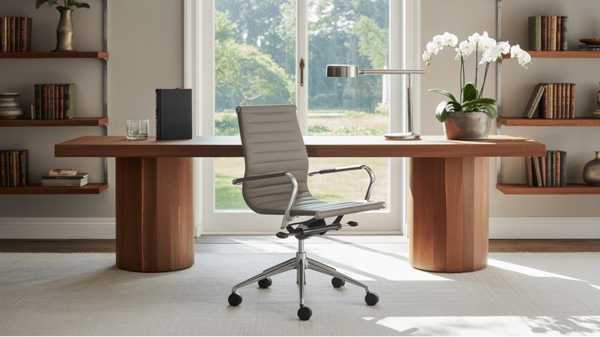 home office with wood desk, white chair, open shelves, and bright window backdrop