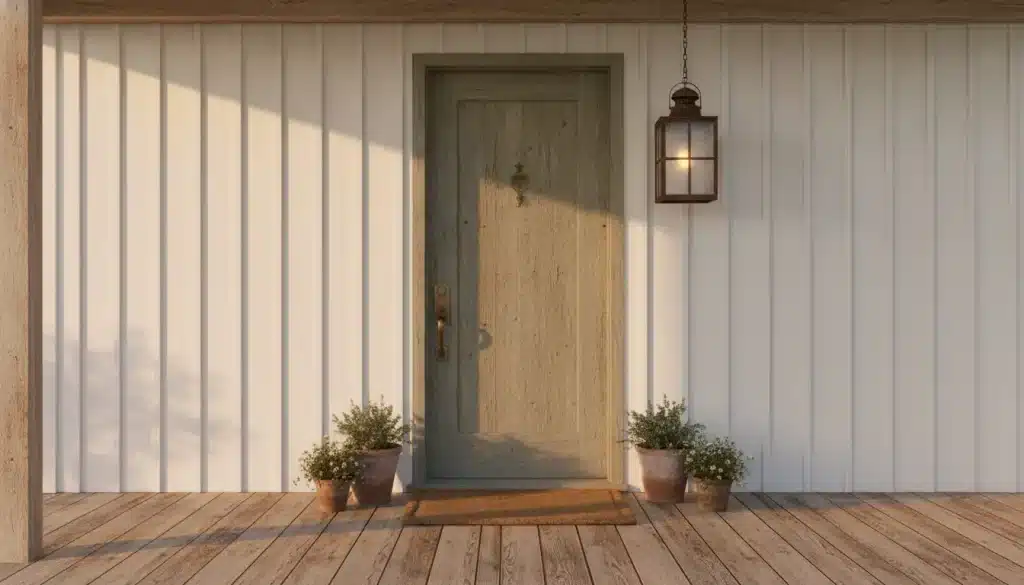 Wooden front door with brass handle and lantern, flanked by potted plants on rustic porch