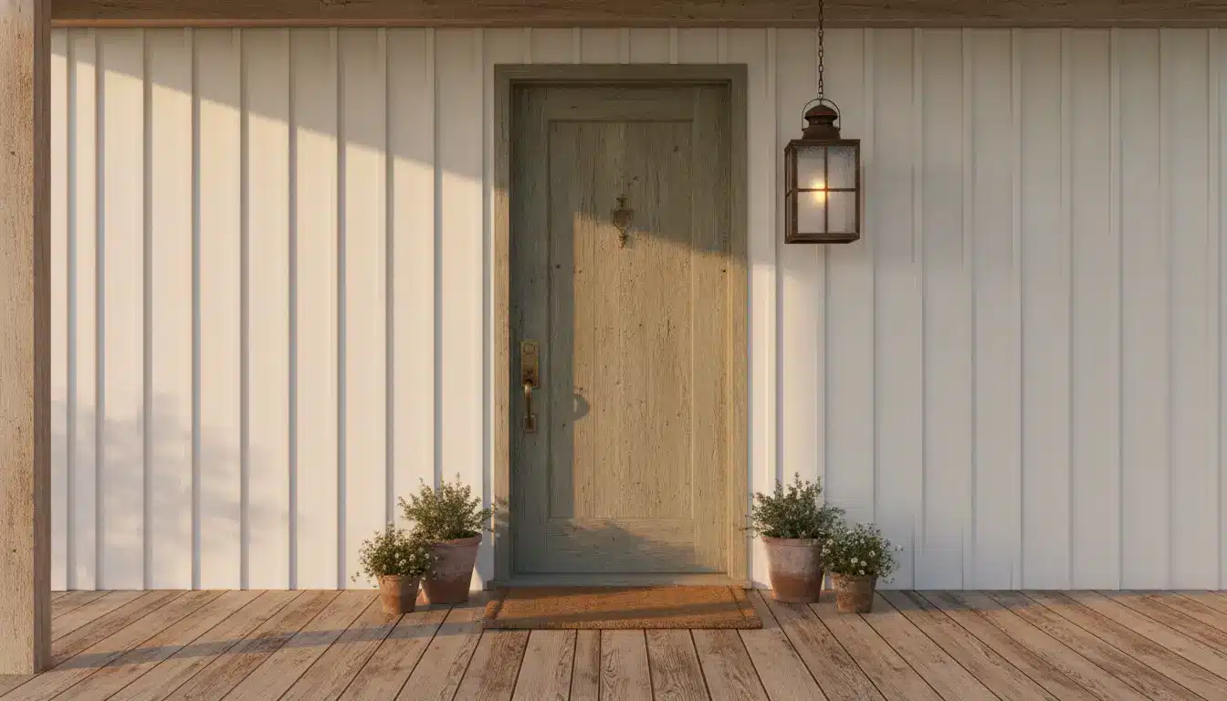 Wooden front door with brass handle and lantern, flanked by potted plants on rustic porch