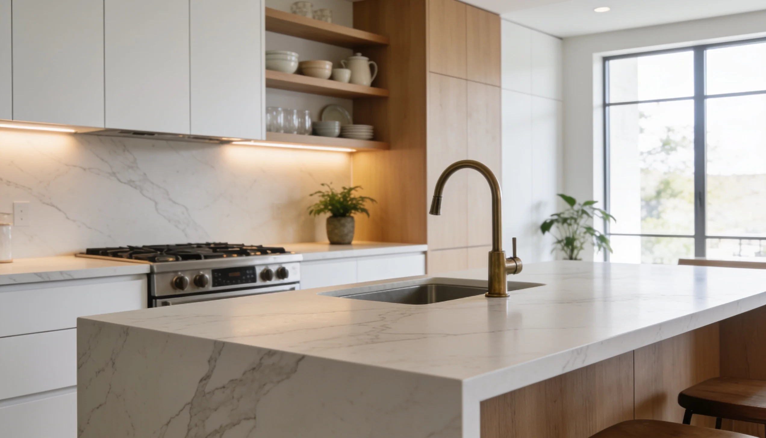 Modern US style kitchen with white sintered stone countertops warm wood cabinetry built in stove open shelves and natural light