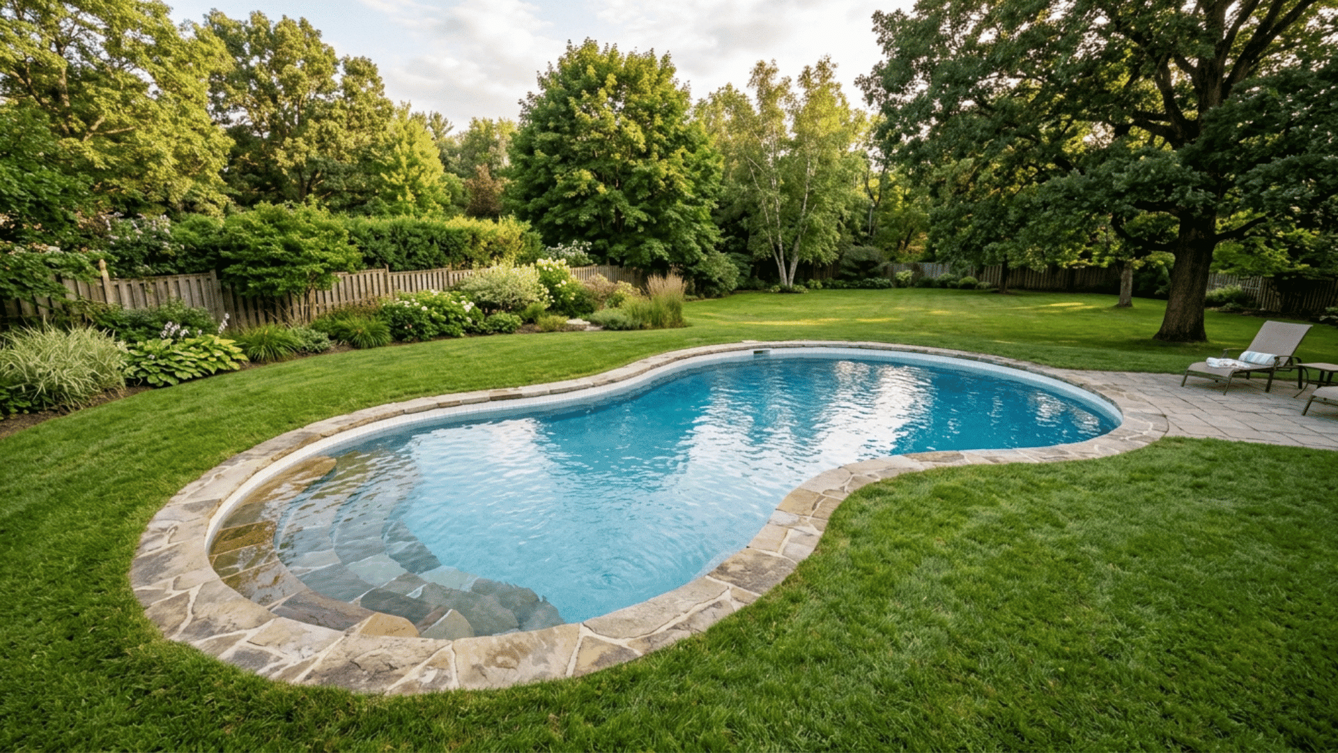 kidney shaped pool with curved traditional backyard design
