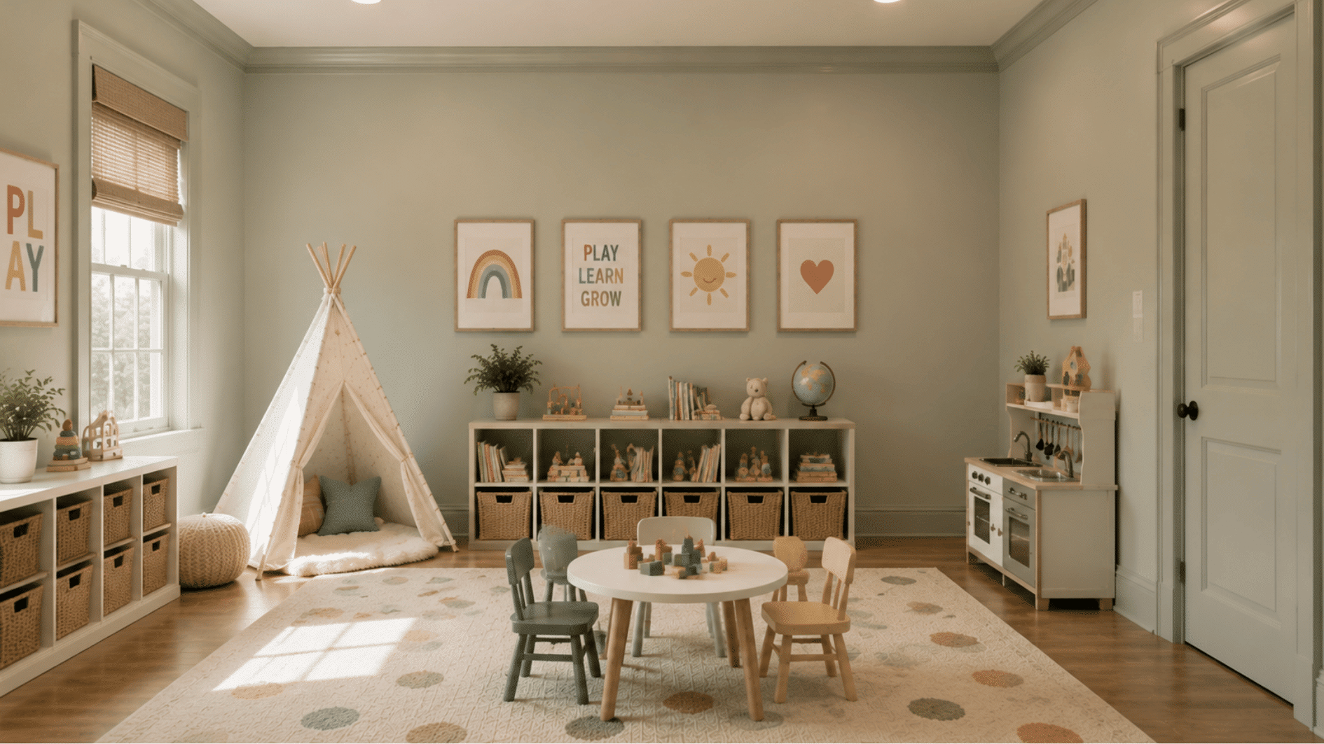 kids playroom with matching wall and trim color, storage shelves, reading nook, and soft neutral design
