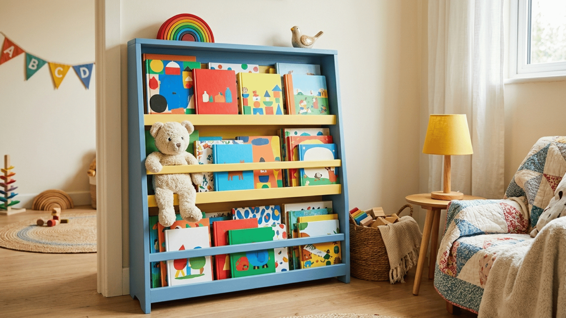 colorful bookshelf in a childs room with picture books facing out and a teddy bear