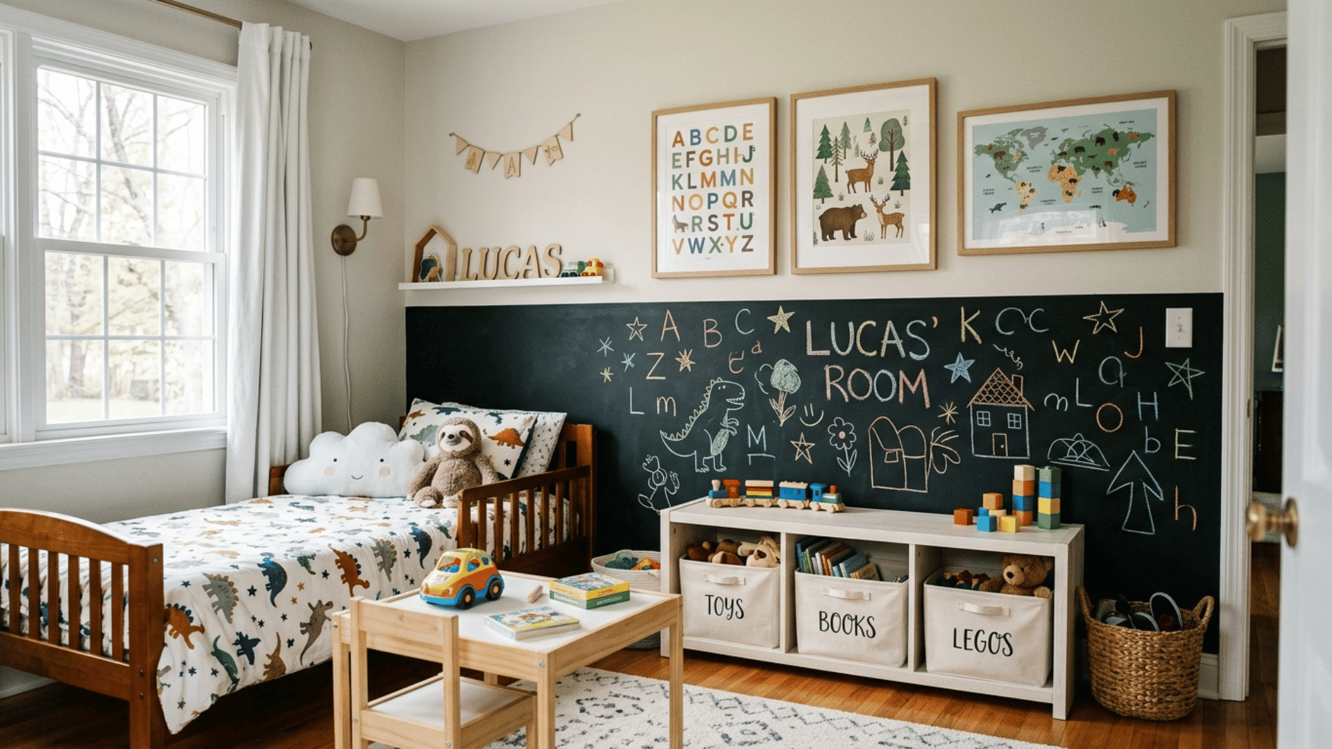 kids room with low toy storage and a chalkboard accent wall