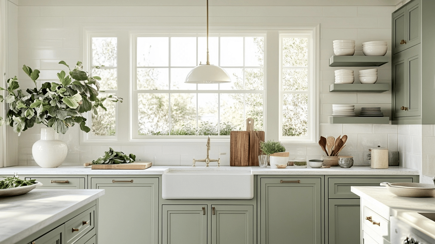 Sage green kitchen cabinets with brass pulls, farmhouse sink, open shelves and large bright windows.