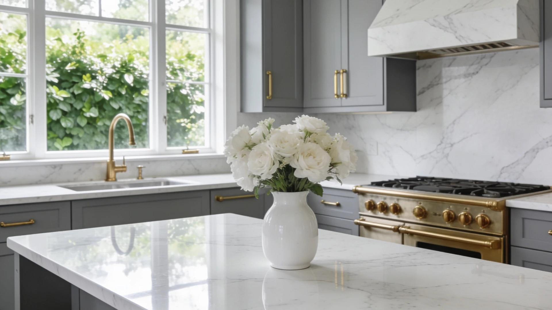 Dolomite kitchen island countertop with a flower vase and gold fixtures