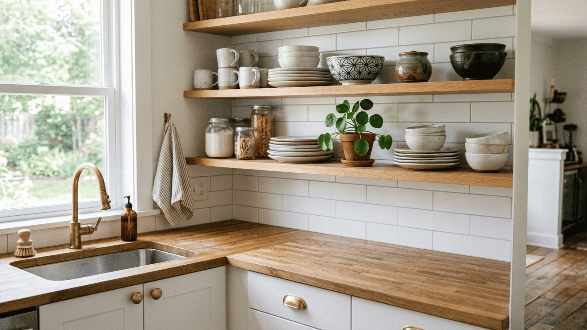 open kitchen shelves mixing everyday dishes with decorative pieces